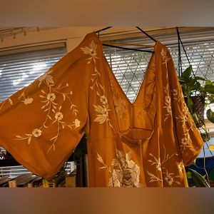 70s style retro mustard embroidered dress w/bell sleeves, backless & tassels